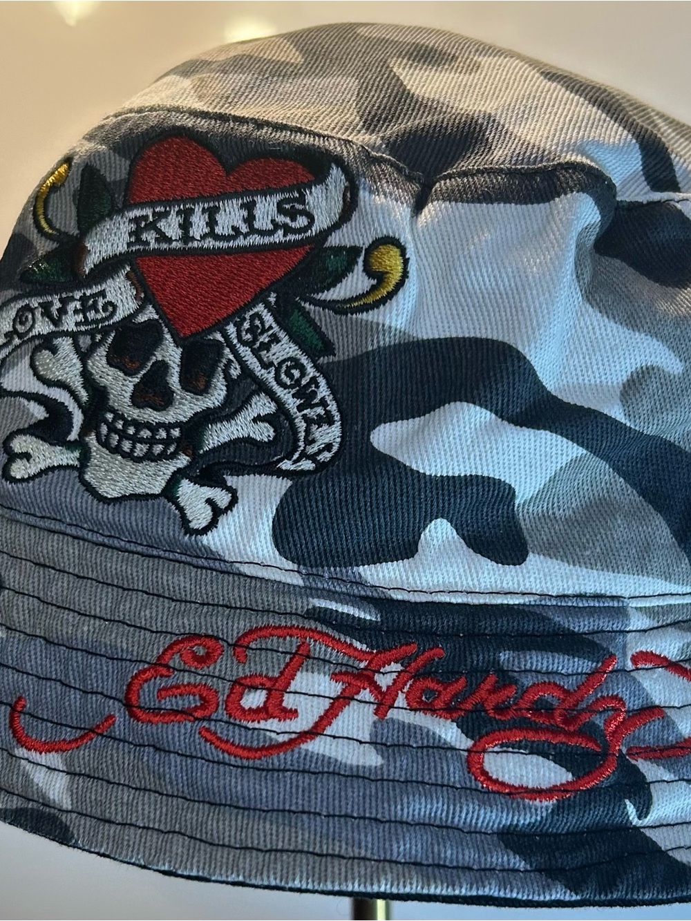 Ed Hardy Gray & Black Camo Bucket Hat with Red Script